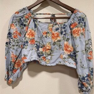 American Eagle Outfitters Blue Puff Sleeve Crop Blouse